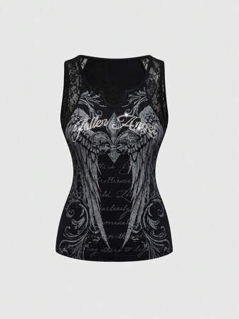 J-Fashion Y2K Vintage PUNK Flügel & Kreuz Muster Strass Spitzen Patchwork Große Größen Damen Trägertop