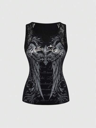 J-Fashion Y2K Vintage PUNK Flügel & Kreuz Muster Strass Spitzen Patchwork Große Größen Damen Trägertop