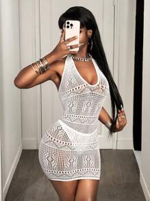 BamGleam Sexy Solid Mesh Backless Neck Tie Fitted Mini Dress - White - View 5
