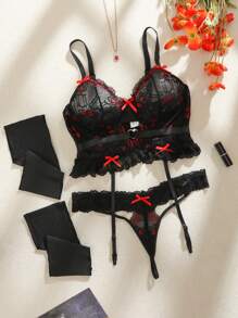 SHEIN 4pcs Sexy Classic Set Bow Lace Splice Lingerie - Black - View 8