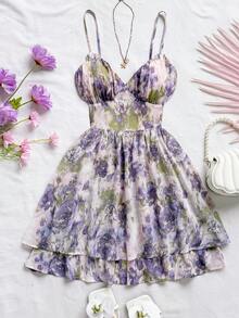 Soleia 女士浪漫粉色花卉印花雪纺度假连衣裙，V 领，褶饰，露背，A 字迷你连衣裙，适合派对、约会、情人节、下午茶 - 彩色 - 查看 5