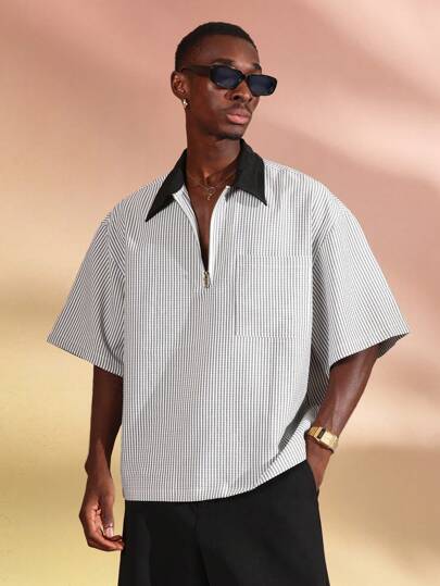 SUMWON Streetwear Oversized Zipper Polo Casual Seersucker Vertical Striped Short Sleeve Summer Spring Classic Urban Essential