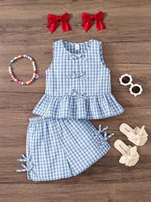 SHEIN 可爱夏季休闲蓝色格子蝴蝶结无袖上衣和松紧腰短裤套装，“女婴”
