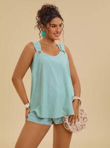 Travachic Ensemble 2 pièces grande taille pour femmes - un débardeur bleu et blanc rayé et un short, pour la plage et l'été