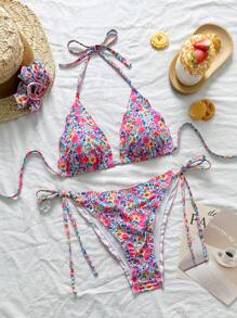 SHEIN Swim Conjunto de 2 piezas de ropa de playa de verano para mujer, top halter con volantes y estampado floral diminuto, y Bottom con lazo lateral, traje de baño con diadema
