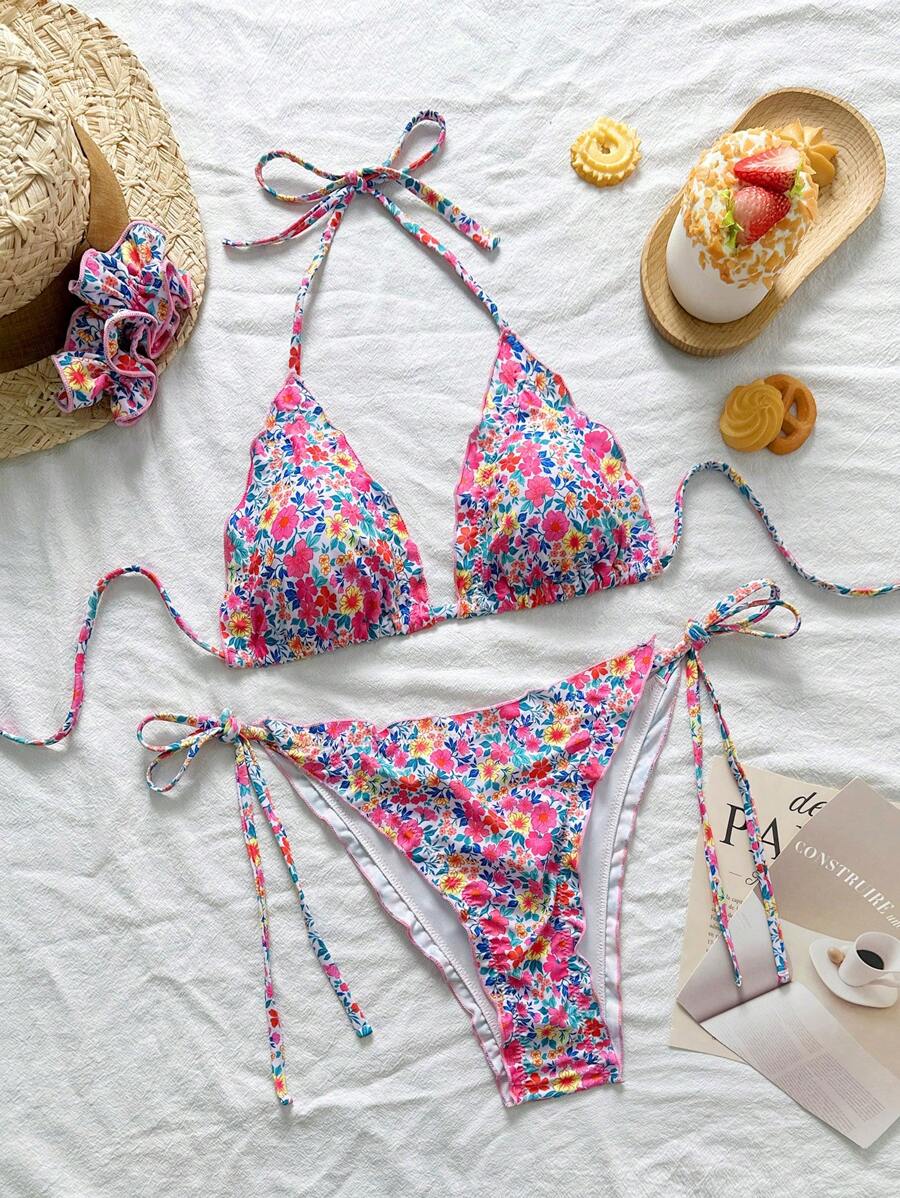 SHEIN Swim Conjunto de 2 piezas de ropa de playa de verano para mujer, top halter con volantes y estampado floral diminuto, y Bottom con lazo lateral, traje de baño con diadema