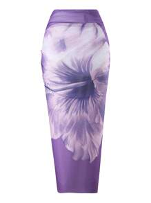 Swim Oasis 3pcs/Set Women Summer Beach Vacation Outfits, Floral Print Bikini Set And Mesh Tie-Front Beachwear Dress, Bohemian Holiday Style - Purple - View 5