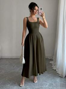 Elenzga 女士方领 A 字腰修身中长连衣裙，秋冬欧式风格 - 軍綠色 - 查看 3