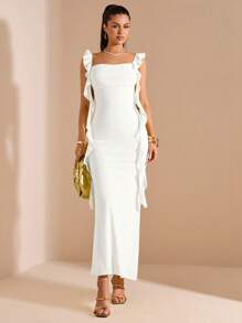 SHEIN BAE 春夏纯黄色荷叶边下摆修身雪纺长款美人鱼裙，黄色连衣裙，婚礼伴娘短款礼服 - 白色 - 查看 3