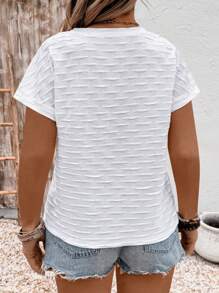 SHEIN LUNE CURVE Damen Lässig V-Ausschnitt Kurzarm Strukturiertes Jacquard T-Shirt in Große Größen - Weiss - Übersicht 2