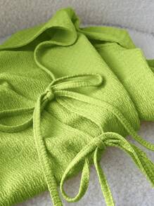 SHEIN LUNE 淡黄色系带针织女式上衣 T 恤，性感可爱休闲时尚 - 芥末黃 - 查看 7