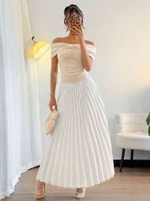 SHEIN Unity Delicate & Elegant Bowknot Off-Shoulder Pleated Maxi Dress - Apricot - View 6