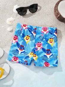 BABY SHARK X SHEIN 小男孩卡通鲨鱼和植物图案泳裤 - 藍色 - 查看 2