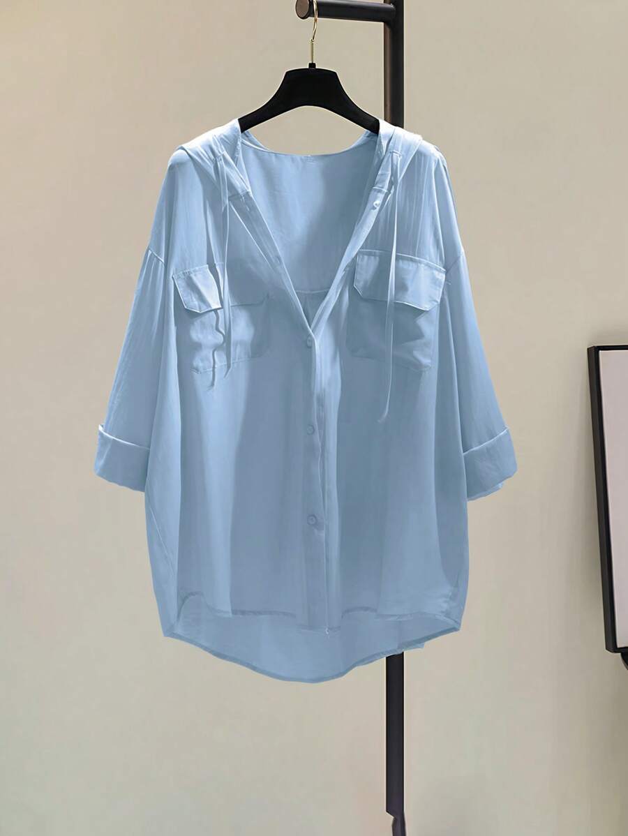 INAWLY Áo sơ mi trùm đầu thường ngày tay trễ vai màu trơn dành cho nữ có túi tiện dụng - Màu xanh lam - Xem 1