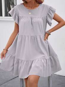 Breezaya Women Summer Solid Color Round Neck Loose Babydoll Dress With Ruffle Trim Vacation Beach Outfit - Mauve Purple - View 4