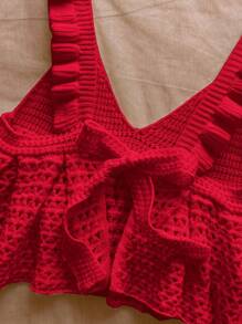 Soleia Women Solid Color Hollow Out Ruffle Hem & Cap Sleeve Knit Top,Going Out Top