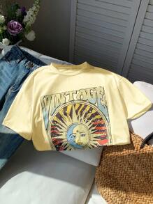SHEIN EZwear 女式黄色字母和太阳脸印花短袖休闲T恤，夏季度假上衣 - 黃色 - 查看 6