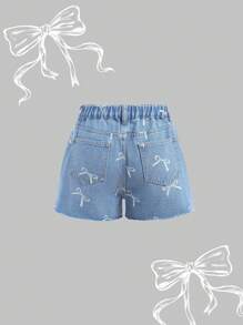 SHEIN Girlism Y2K Tween Girl's Spring And Summer New Sweet Girl Bowknot Print Casual Versatile Baggy Denim Jeans Shorts With Raw Hem,Spring Summer Vacation Beach Outfits Fashion Outfits,Summer Concert Festival Casual Rave Outfits, Girls Summer Brunch Church Graduation Outfits
