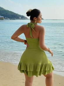 SHEIN SunnyBelle Váy ngắn đi biển cổ chữ V khoét sâu hở lưng cỡ lớn - màu xanh lá - Xem 5