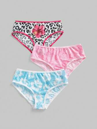 J-Fashion 3pcs/Set Plus Size Women Tropical Hibiscus & Leopard Print Mesh Triangle Panties, Summer