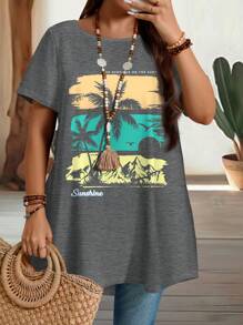 EMERY ROSE Plus Size Round Neck Regular Shoulder Short Sleeve Long T-Shirt, Mother's Days, Simple And Fashion Style, Suitable For Summer, Vacation Style, Casual Summer Vacations Woman, Boho Chic, Country Concert, Holiday Festivals, Beachs For Woman, Summers For Women,Old Money Style Women, Summer