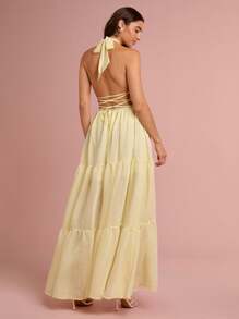 Enchnt Váy maxi công chúa hở lưng màu vàng pastel lãng mạn mùa xuân/hè dành cho nữ, ngọt ngào, thanh lịch và gợi cảm cho kỳ nghỉ, ngày lễ, tiệc tùng, lễ tốt nghiệp và khách dự tiệc cưới, bãi biển, váy dạ hội, váy mùa hè cho nữ, váy chống nắng cho nữ, quần áo mùa hè, váy thanh lịch cho tiệc tùng - Màu vàng - Xem 1