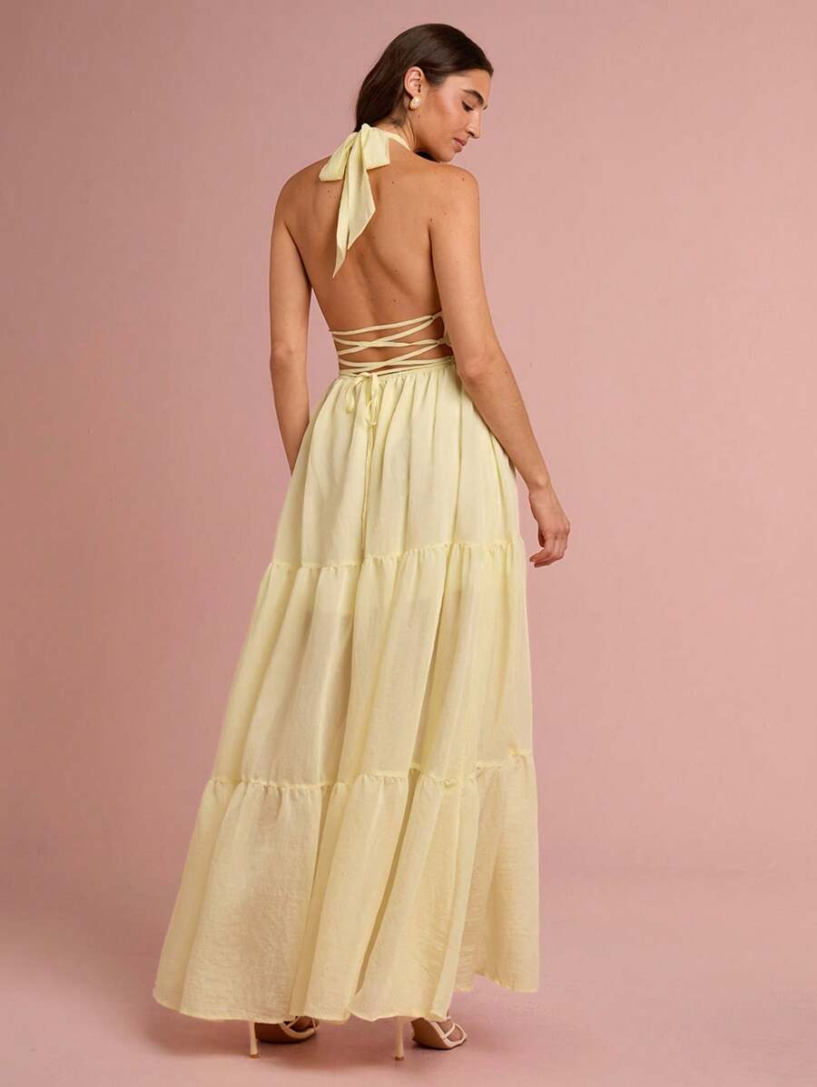 Enchnt Váy maxi công chúa hở lưng màu vàng pastel lãng mạn mùa xuân/hè dành cho nữ, ngọt ngào, thanh lịch và gợi cảm cho kỳ nghỉ, ngày lễ, tiệc tùng, lễ tốt nghiệp và khách dự tiệc cưới, bãi biển, váy dạ hội, váy mùa hè cho nữ, váy chống nắng cho nữ, quần áo mùa hè, váy thanh lịch cho tiệc tùng - Màu vàng - Xem 1
