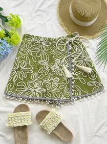 Soleia 女士绿色刺绣纹理面料拼接系带短裤，适合节日、婚礼、派对、约会、下午茶、音乐节、海滩、夏季、波西米亚风、度假、钩针编织、亚麻 - 綠色 - 查看 4