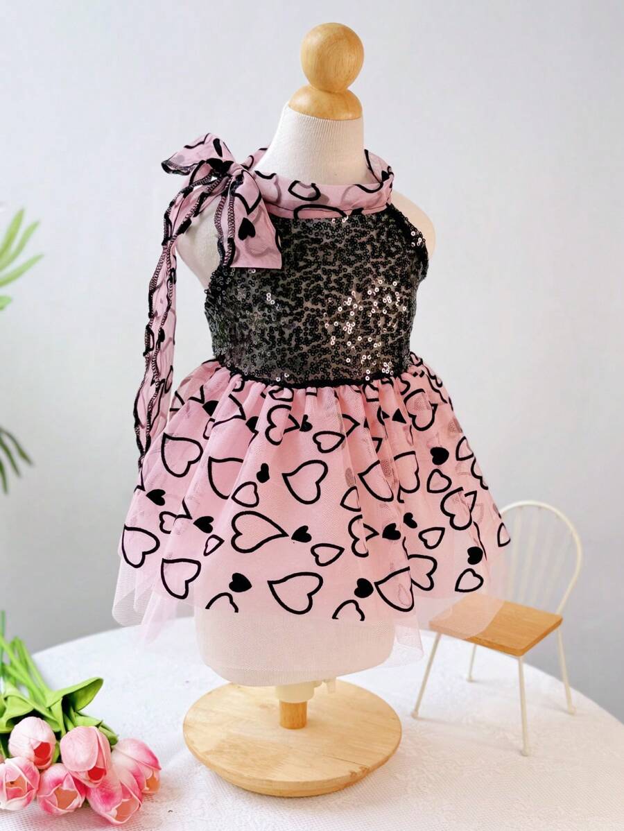 PETSIN 1 pièce Robe élégante de petite amie rose mode, avec cœur noir pailleté, broderie, épissage en mesh floqué noir et nœud papillon, dos nu. Robe de chien mignonne, populaire en Europe et Amérique - Rose bonbon - Voir 1