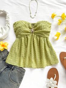 Soleia Women's Lime Green Summer Boho Beach Holiday Vacation Woven Cutout Textured Bandeau Top,Starfish Button Accent Ruffle A-Line Cinched Waist Blouse - Green - View 4