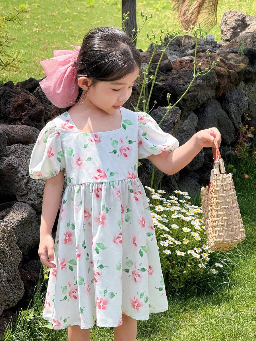 SHEIN Young Girls Woven Floral Puff Sleeve Fitted A-Line Hem Dress, Suitable For Girls Daily Wear, Vacation, Festival, Family Gathering And Special Occasions - White - View 1