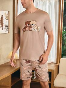 SHEIN Cartoon Bear Print Casual Short Sleeve Shorts Men Pajama Set - Multicolor - View 2