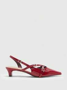 CUCCOO BIZCHIC 女士酒红色尖头粗跟踝带凉鞋，优雅时尚百搭夏季新款 - 酒紅色 - 查看 2