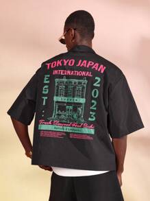 Sumwon Japanese Districts Landmarks Short Sleeve Button Up Shirt Summer Streetwear Fresh Seafood Sushi Restaurant Graphic Print Urban Fashion Tokyo International - Black - View 3