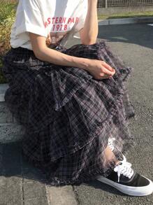 FRIFUL 娇小女式薄纱半身裙，甜美高腰半身裙，春夏格子裙 - 黑色 - 查看 4