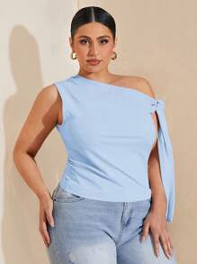 SHEIN BAE Áo kiểu lệch vai cỡ lớn dành cho nữ, thích hợp cho đi làm, hẹn hò, tiệc trà chiều, ngày Valentine, mùa hè, sinh nhật, các dịp trang trọng, tiệc tùng. - Màu xanh nhạt - Xem 4