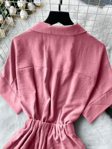 女士纯色简约西装领高腰休闲连体裤 - 粉色 - 查看 3