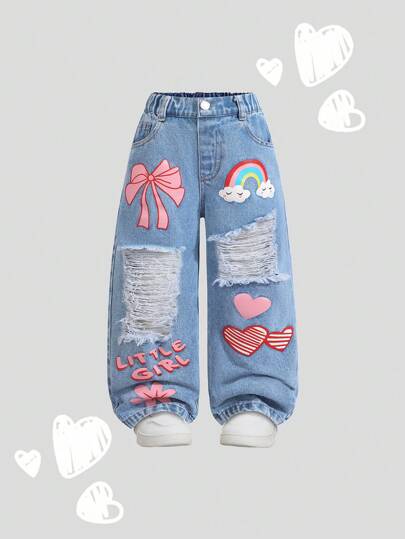 SHEIN Playful Pals Girls Casual Comfortable Vacation Fashion Street Graffiti Print Washed Soft Ripped Loose Fit Thin Denim Jeans, Summer
