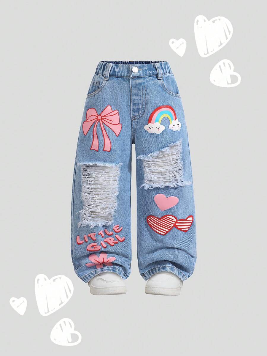 SHEIN Playful Pals 女童休闲舒适度假时尚街头涂鸦印花水洗柔软破洞宽松薄款牛仔裤，夏季 - 中等水洗藍 - 查看 1