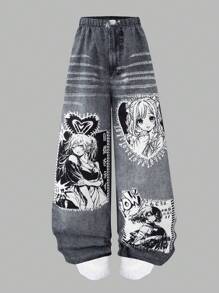 SHEIN Sparklyn 宽松休闲动漫图案阔腿裤，适合青少年女孩的街头风格日常穿着