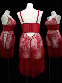 SHEIN Plus Size 2pcs Lace Contrast Mesh Lingerie Set, Wireless - Burgundy - View 2
