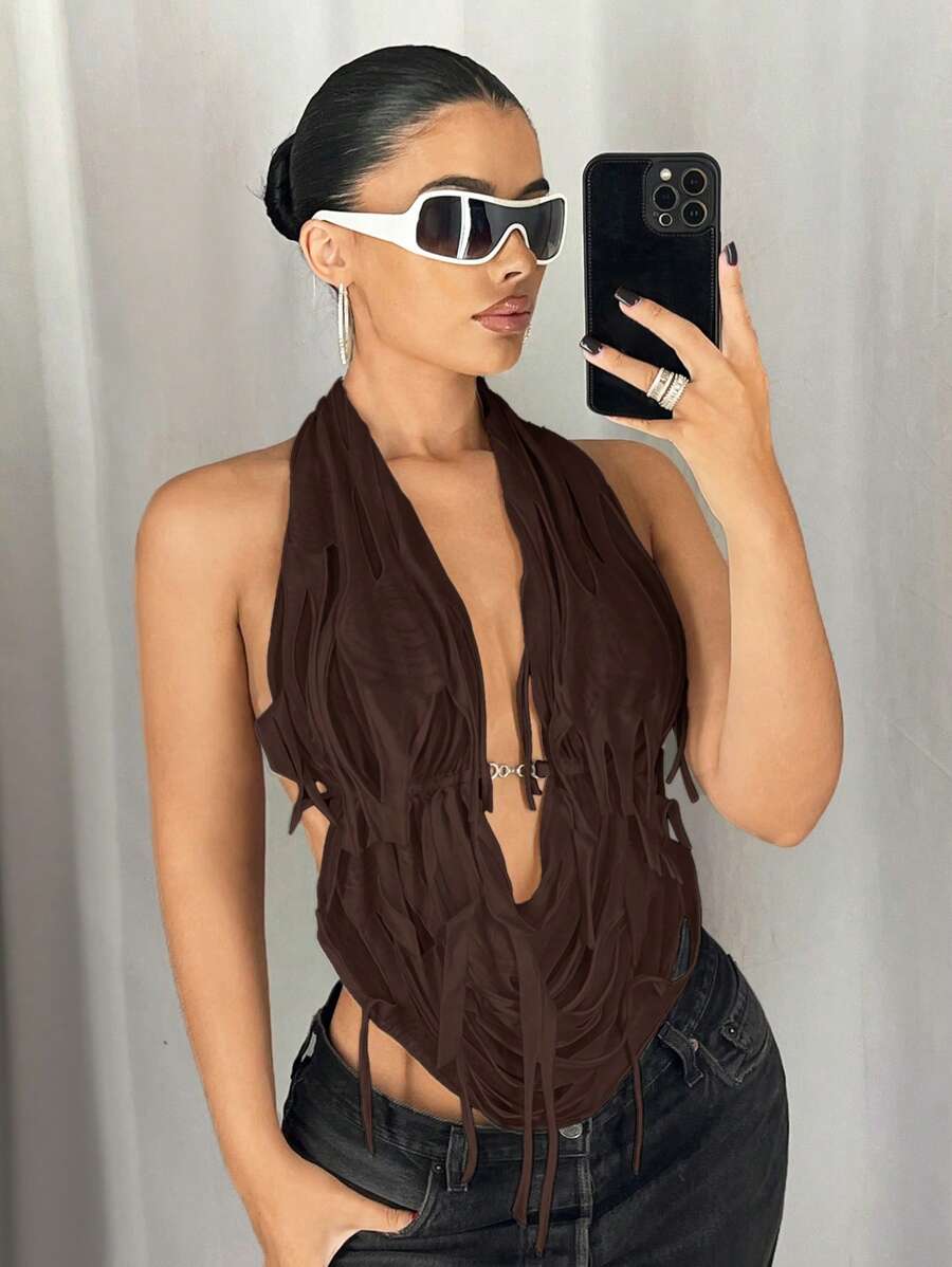 SHEIN ICON 1 件女式修身做旧挂脖金属链装饰露背背心