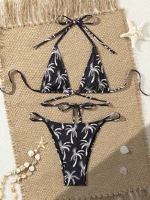 SHEIN 2pcs Women Sexy Halter Micro Triangle Random Print Swimsuit Top & Ultra High Cut Leg Triangle Bikini Bottom - Multicolor - View 3