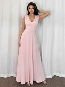 Firerie 浪漫优雅简约夏季女士度假海滩旅行毕业典礼拍照派对舞会礼服假日露肩褶皱腰 V 领无袖连衣裙，粉色 - 淺粉色 - 查看 5