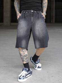Manfinity EMRG 男士休闲水洗做旧牛仔短裤、朋克短裤、哥特风男士短裤、男士街头风短裤 - 黑色 - 查看 8