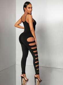 Radiana 春夏街头休闲日常舒适性感夜店摇滚辣妹音乐节绿色针织高弹力镂空露背紧身长款连体衣 - 黑色 - 查看 2