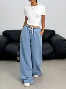 SHEIN Teen Girls Y2K Casual Versatile Summer Light Washed Drawstring Waist Wide Leg Casual Jeans Wide Leg Jeans For Daily Wear,Summer Stretchy Waist Comfortable Wide Leg Pants,Girls Summer Beach Boho Vacation Casual Outfits,Rave Concert Festival Outfits,Girls Summer Brunch Church Graduation Outfits,Streetwear Back To School Outfits