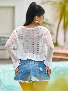 女士纯色长袖镂空系带短款开衫 - 白色 - 查看 2