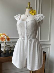 SHEIN EZwear Große Größen Weiß Hohlmuster Jacquard Puffkragen Rüschensaum Lässig Jumpsuit, Frühlings- & Sommer-Urlaubsstil - Weiss - Übersicht 4