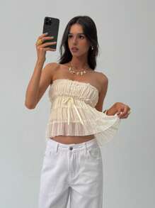 Aloruh Women's Elegant Sexy Island Vacation Solid Color Tops Music Festival Concert Y2K Young Girl Going Out Tops Daily Leisure Commuting Office Vest Apricot Ruched Sexy Tube Top, Summer,Graduation,Back To School Outfits